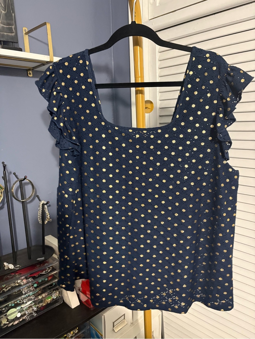 Zac & Rachel Navy Blue Ruffle Sleeve Polka Dot Top